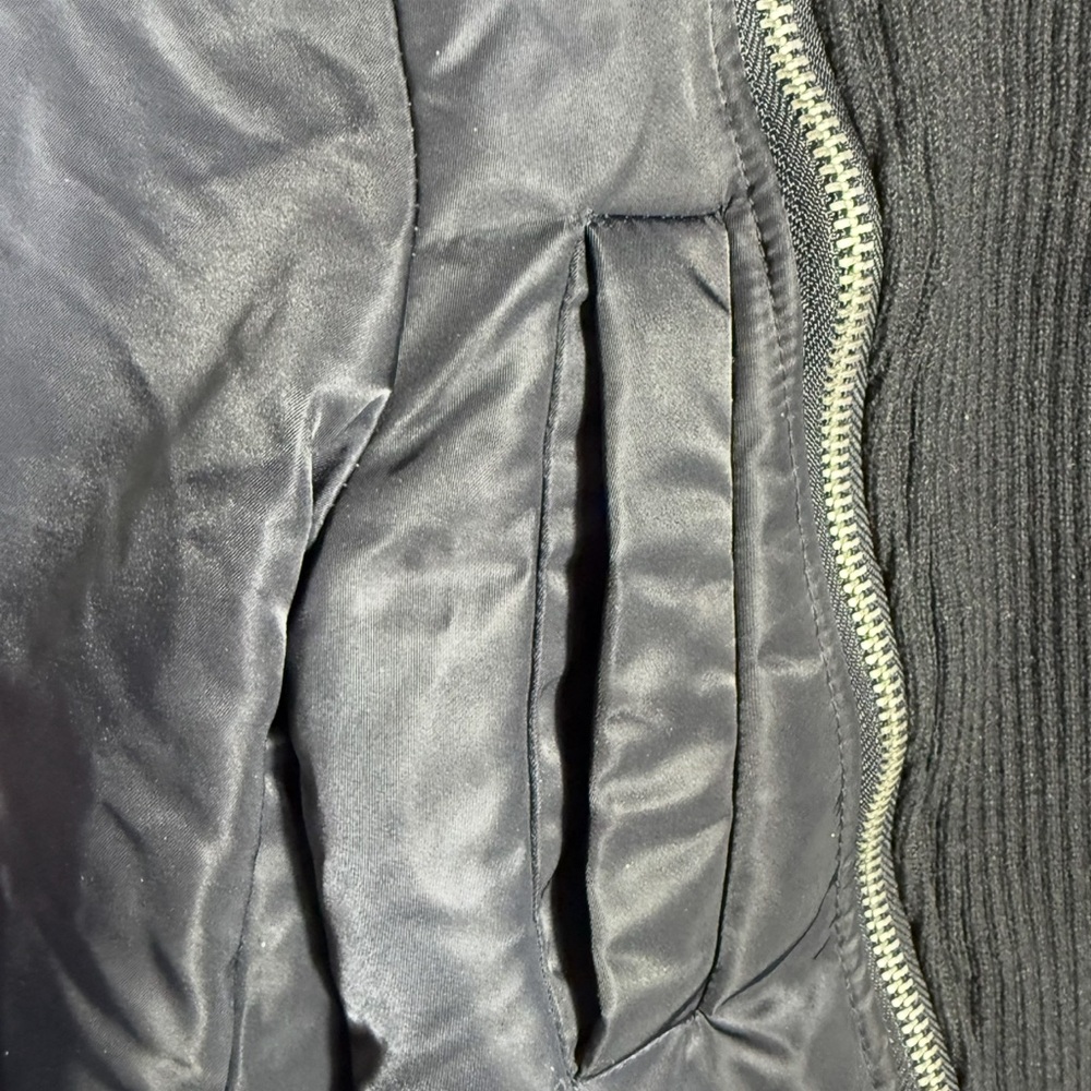 Zara Navy Pinstripe Bomber Jacket W/ Multiple Silver Zippers.  Size XS.  NWOT. - Picture 11 of 13